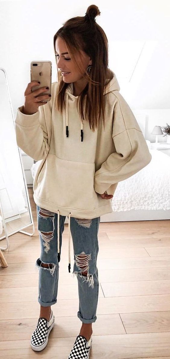 ripped jeans and hoodie