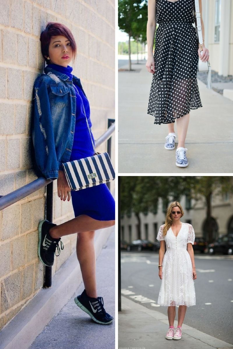 blue dress with sneakers