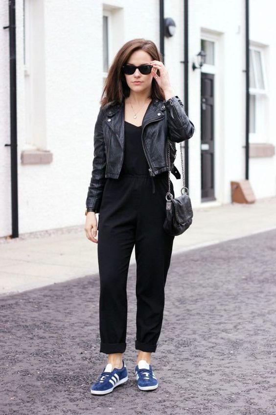 black jumpsuit with leather jacket