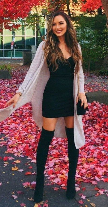 long sleeve dress with tights and boots