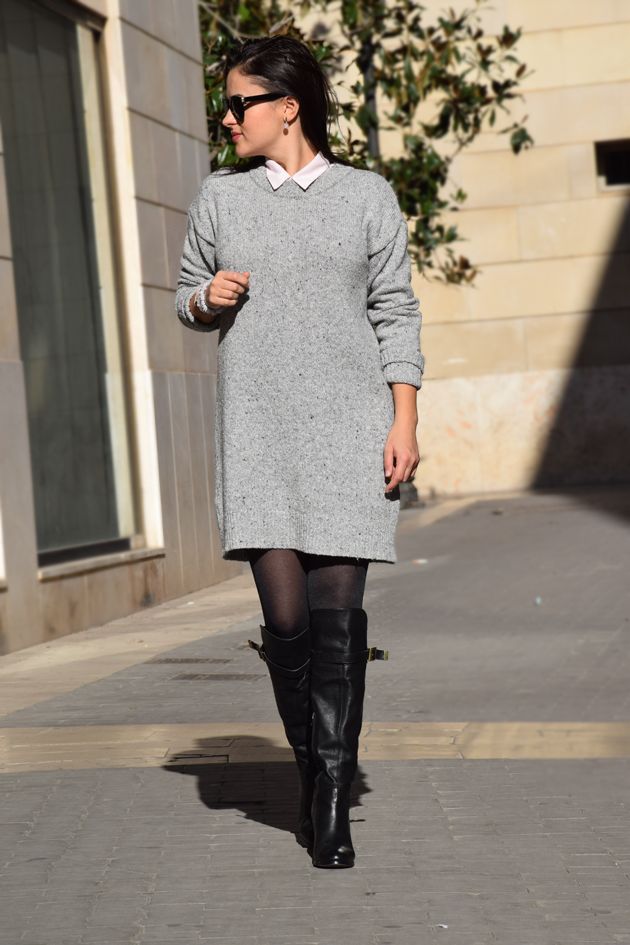 gray sweater dress with boots