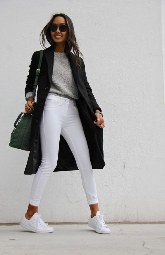 black coat and grey pants