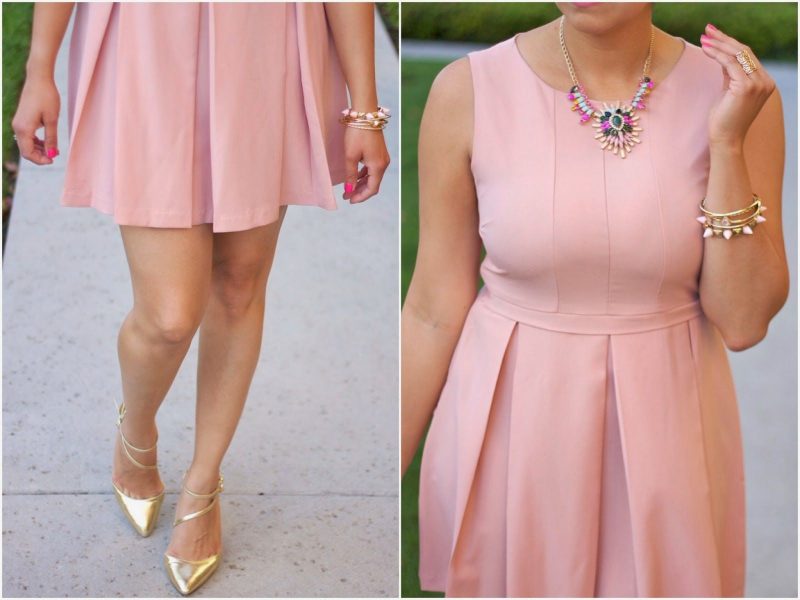 peach dress with gold shoes