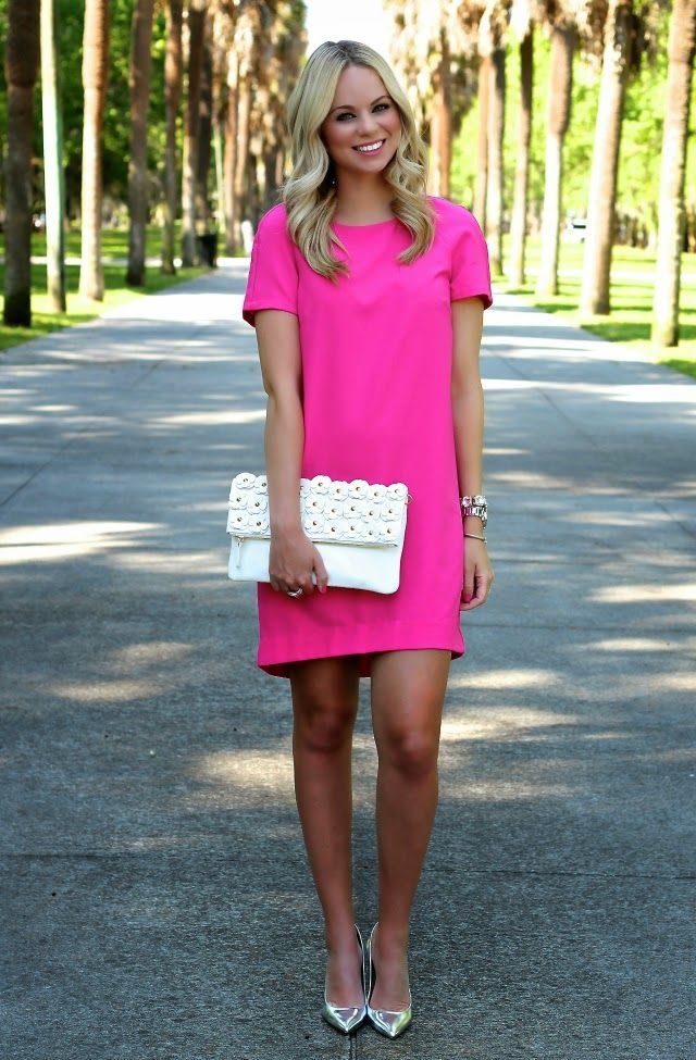 peach dress with silver shoes