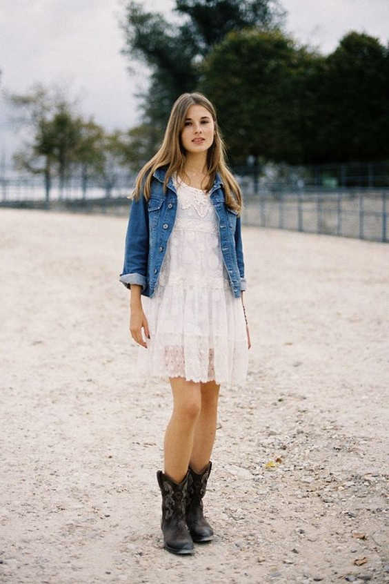 white lace dress with cowboy boots