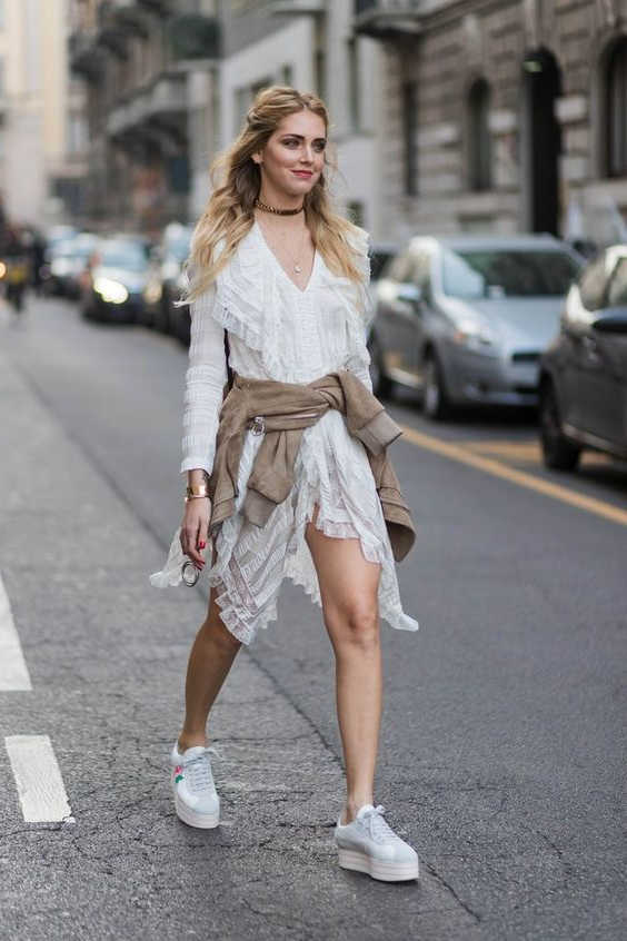 lace dress and sneakers