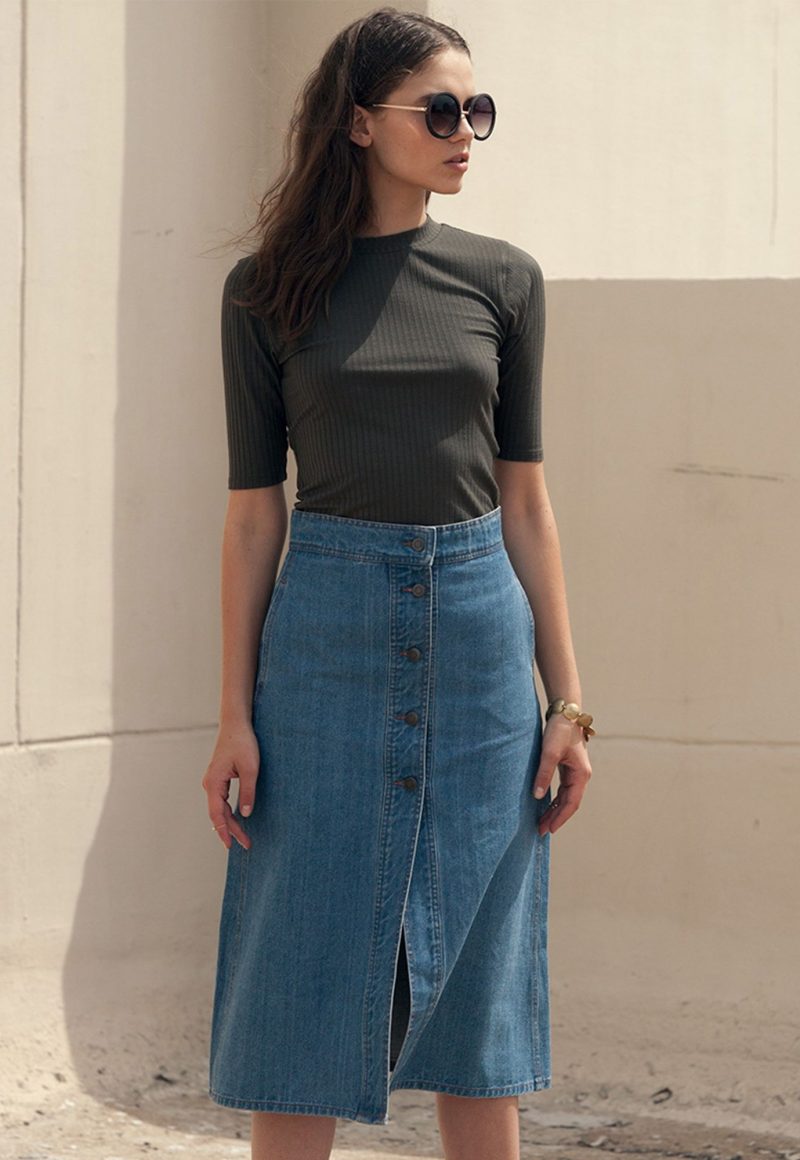 button front denim midi skirt