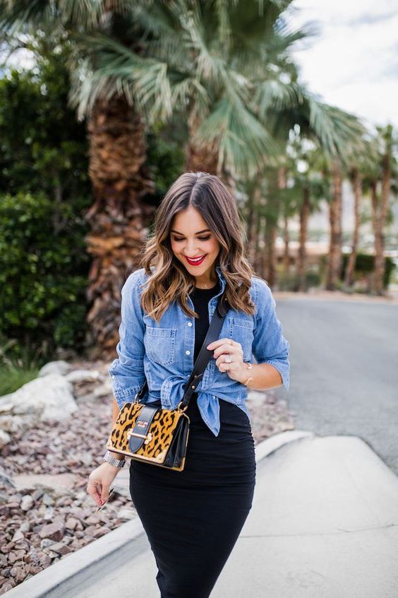 black dress with denim shirt