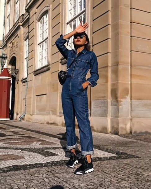 denim jumpsuit with boots