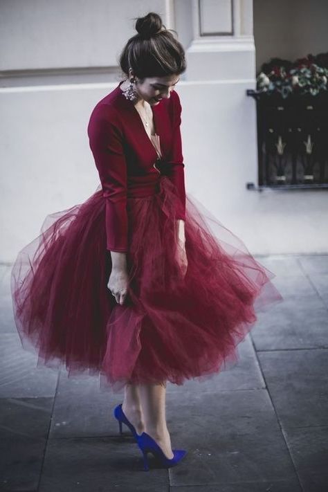 maroon dress and black shoes