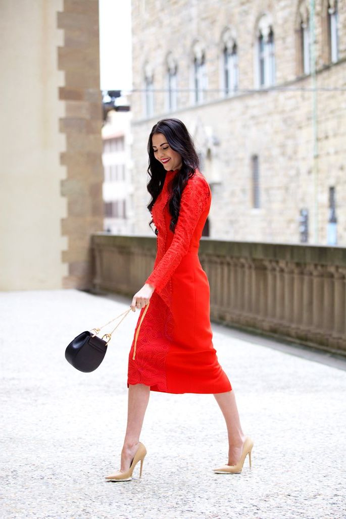 red dress with navy blue shoes