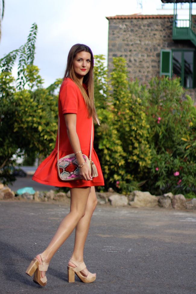 red dress beige shoes