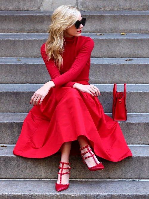 red dress with navy blue shoes