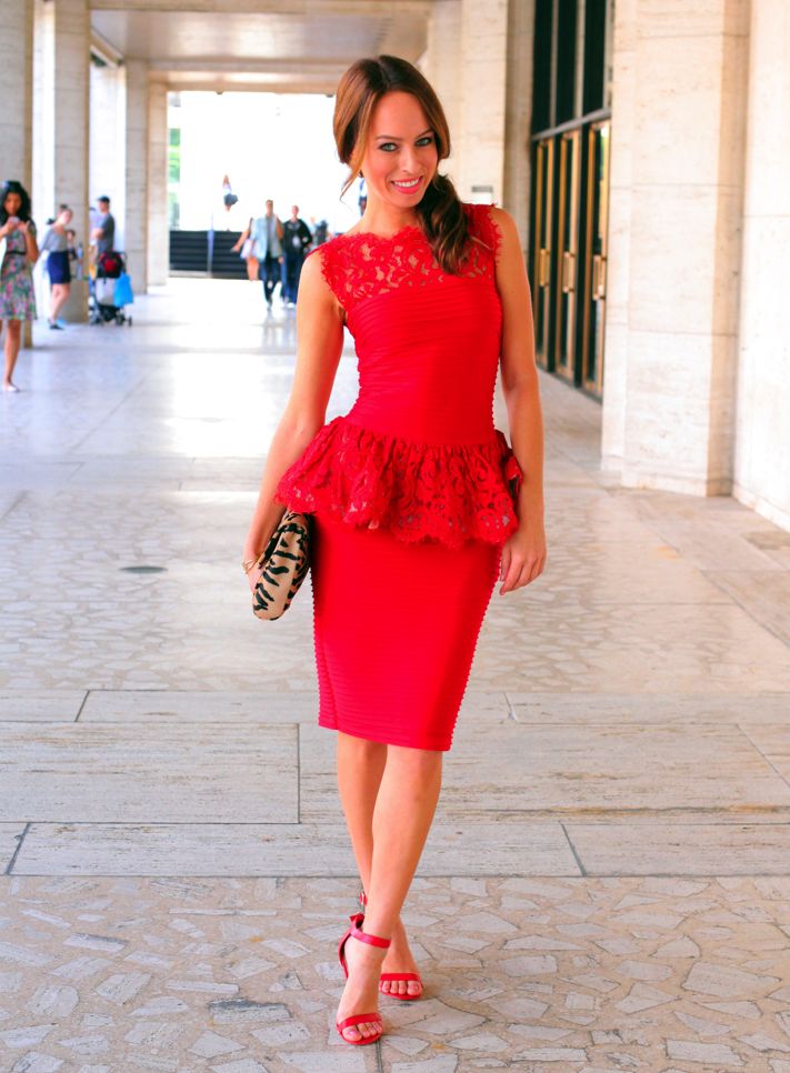 red dress with navy blue shoes