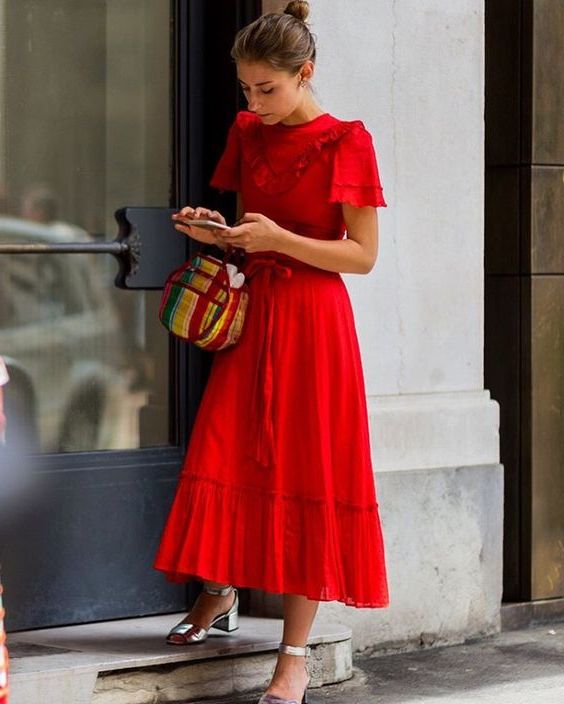 red dress with navy blue shoes