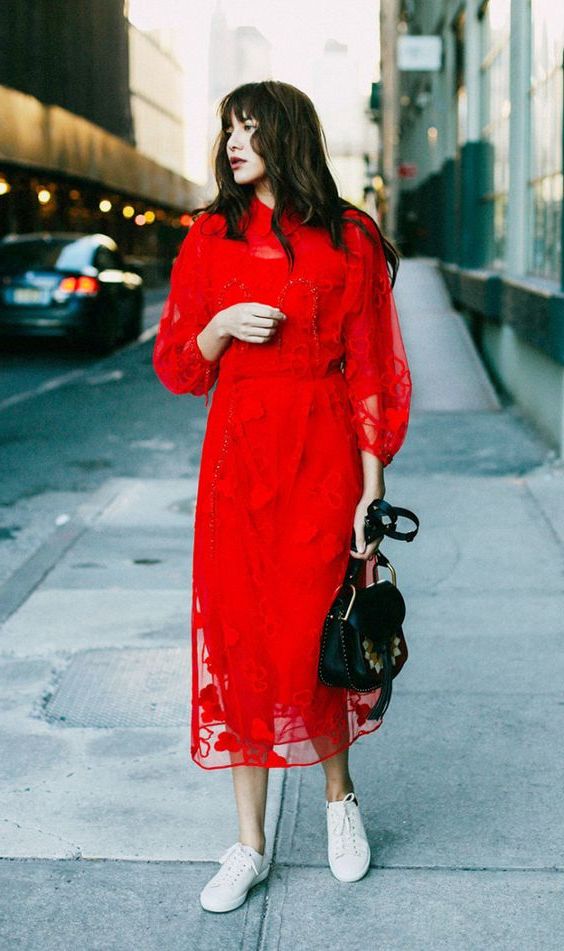 red dress white shoes