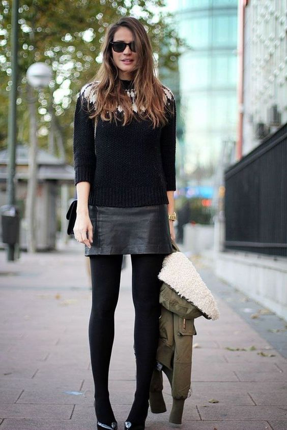 leather skirt and sweater outfit