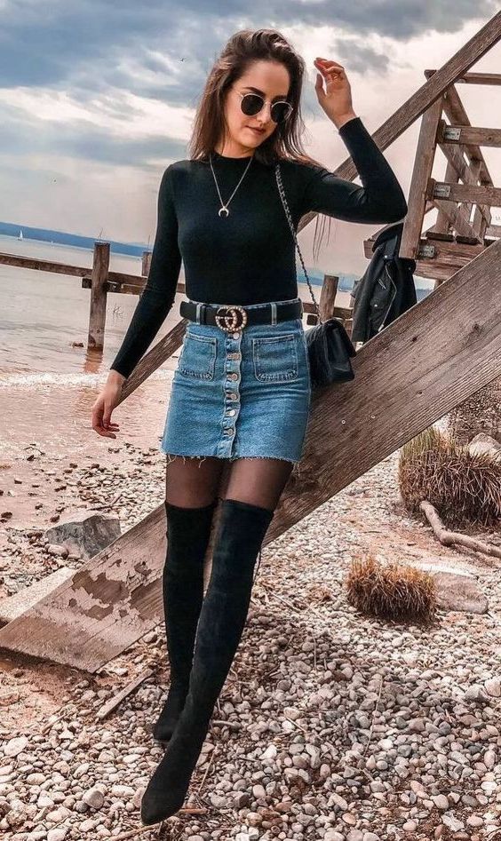 blue denim skirt black tights