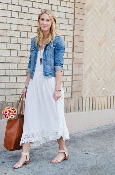 denim jacket on maxi dress