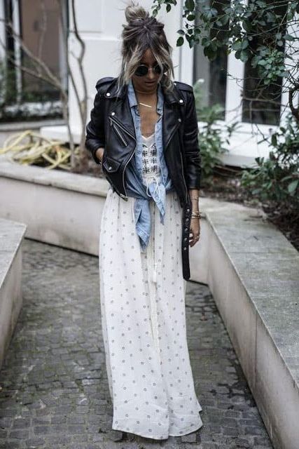 maxi dress and leather jacket