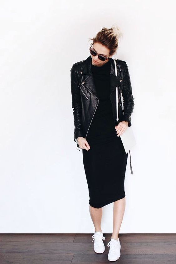 black casual dress with sneakers