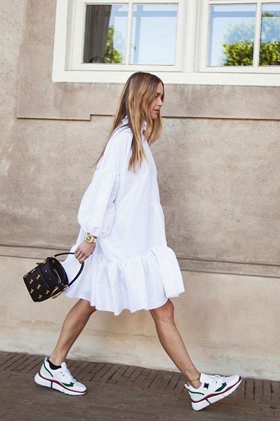 white sneakers and dresses