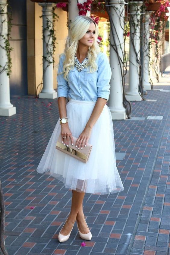 blue jean shirt and tulle skirt