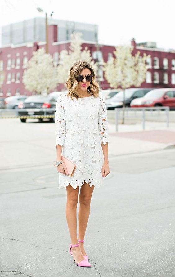 white dress with pink shoes