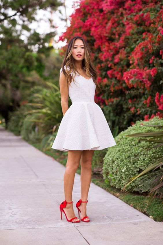 white dress red shoes