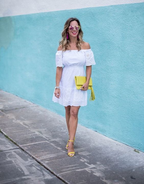 white dress yellow heels