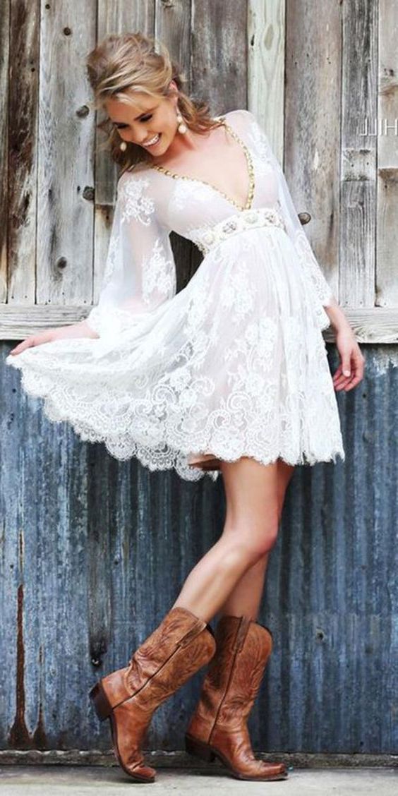 white lace dress with cowboy boots