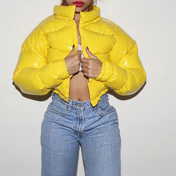 yellow puffer jacket with hood