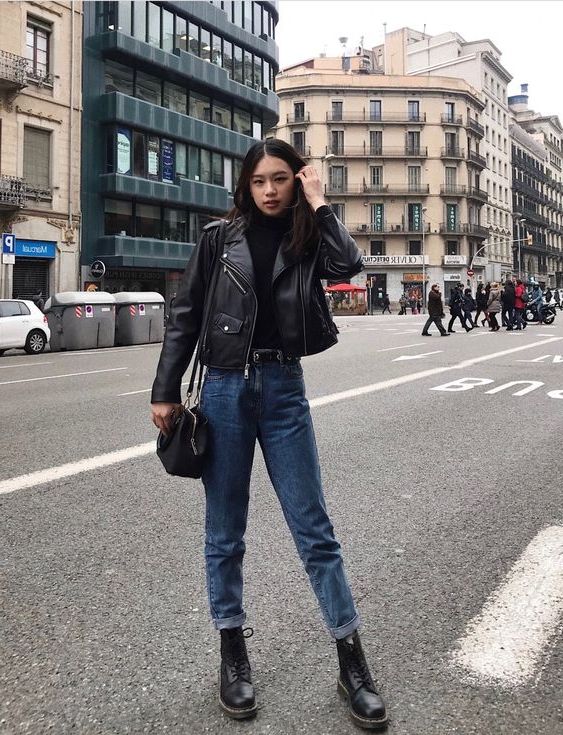 black turtleneck and leather jacket