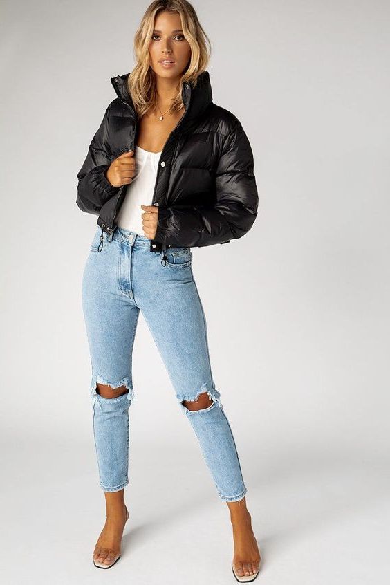 leather crop puffer jacket