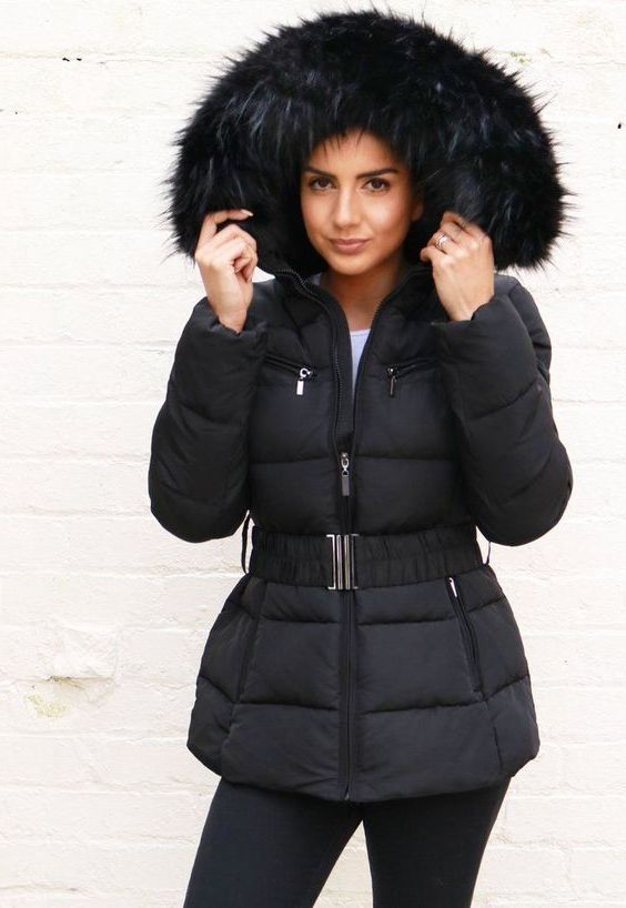 womens black puffer coat fur hood