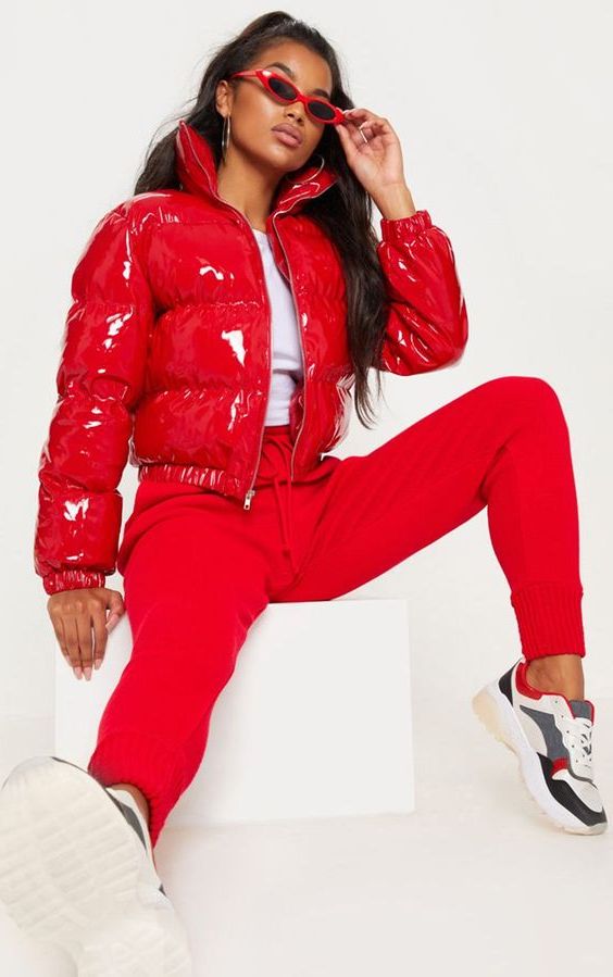 womens red puffer coat with fur hood