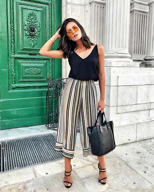 Fashion Trousers Culottes Cartoon Culottes black striped pattern casual look 