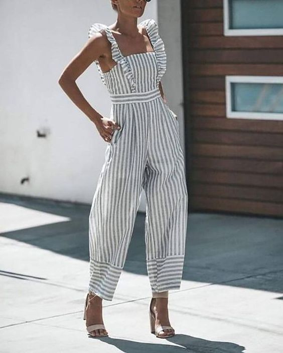 Fashion Trousers Jumpsuits Zara Basic Jumpsuit blue-white striped pattern casual look 