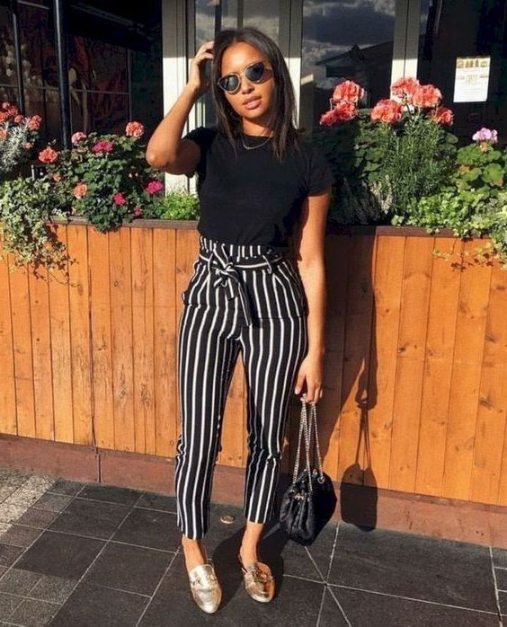 womens black and white striped dress pants