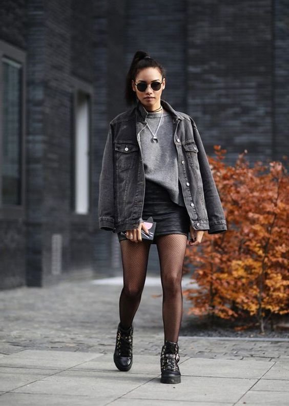 leather skirt and tshirt