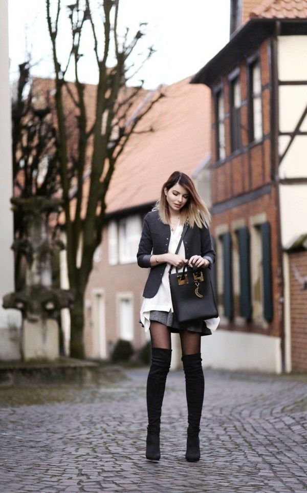 leather skirt with tights and boots