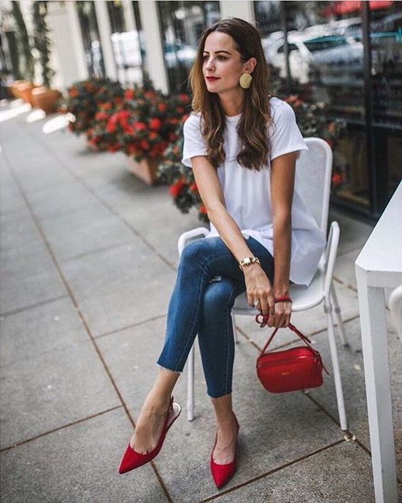 jeans and red heels