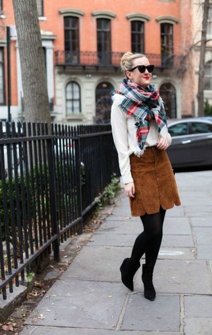 brown skirt and black tights