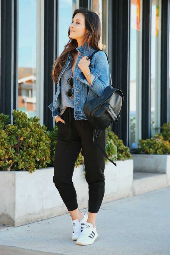 jogger pants and denim jacket