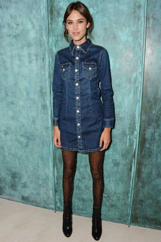 denim dress with black tights