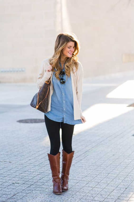 denim shirt with black leggings