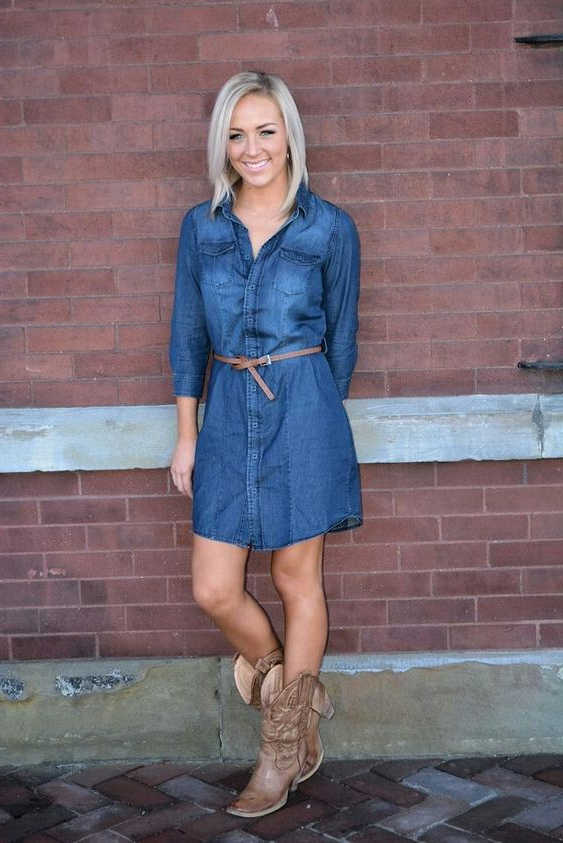 denim dress with cowboy boots