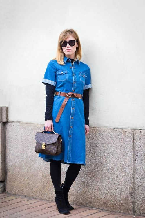 denim pinafore dress with tights