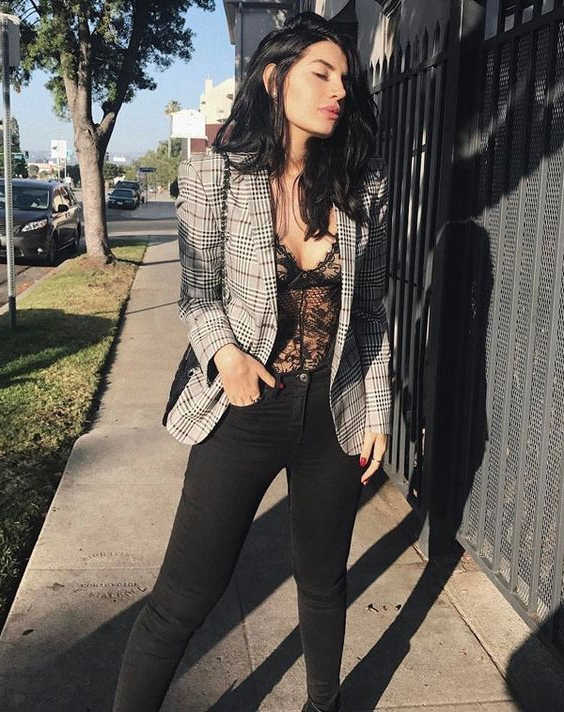 lace bodysuit with blazer