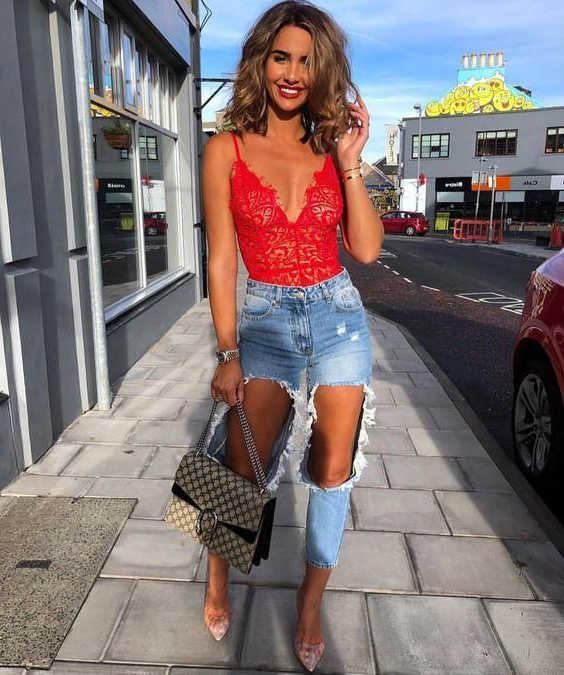 red lace bodysuit with jeans